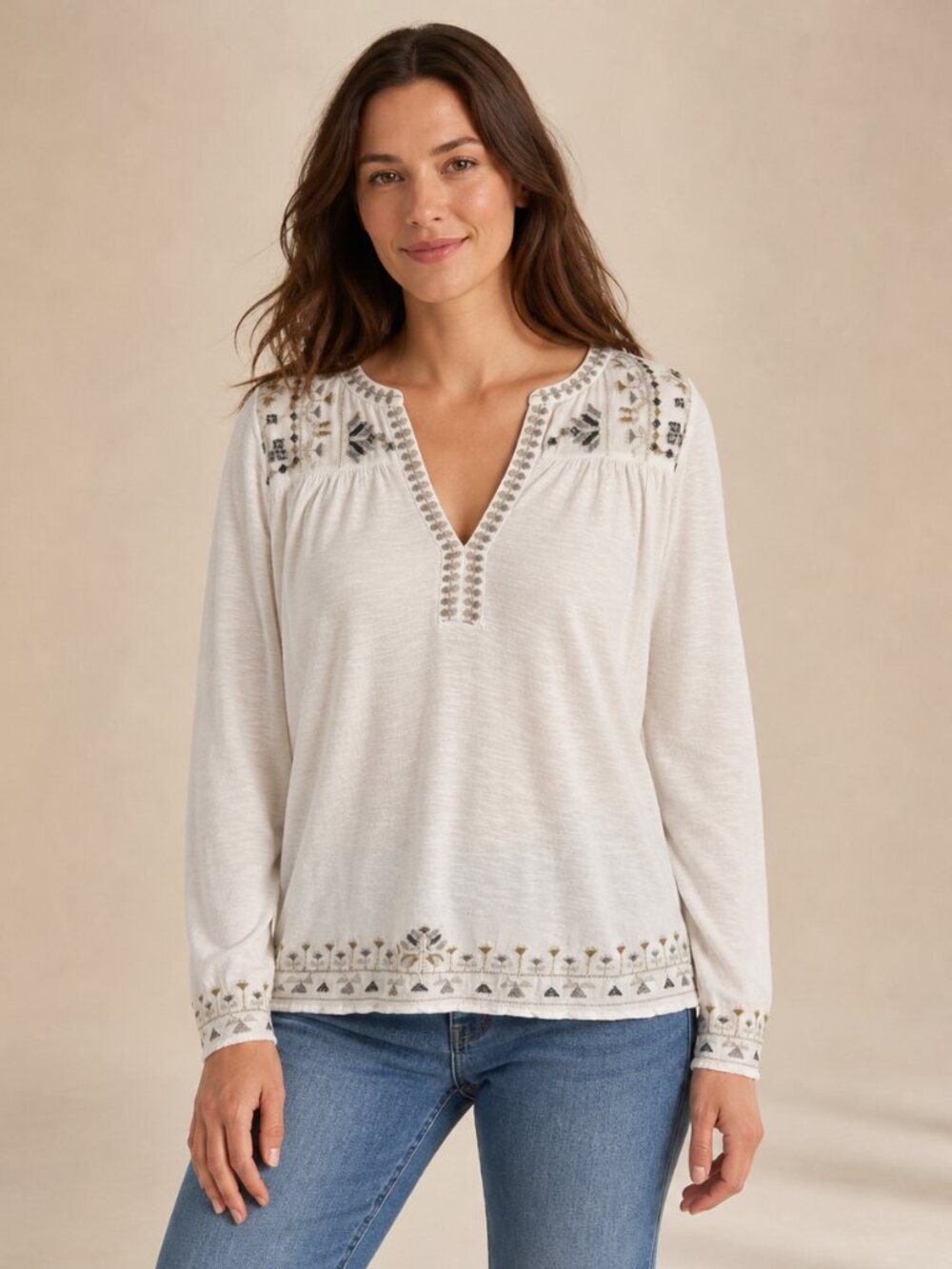 Lucky Brand Women's Ivory Embroidered Boho Peasant Blouse Size M